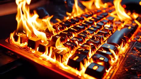 un primer plano de un teclado en llamas