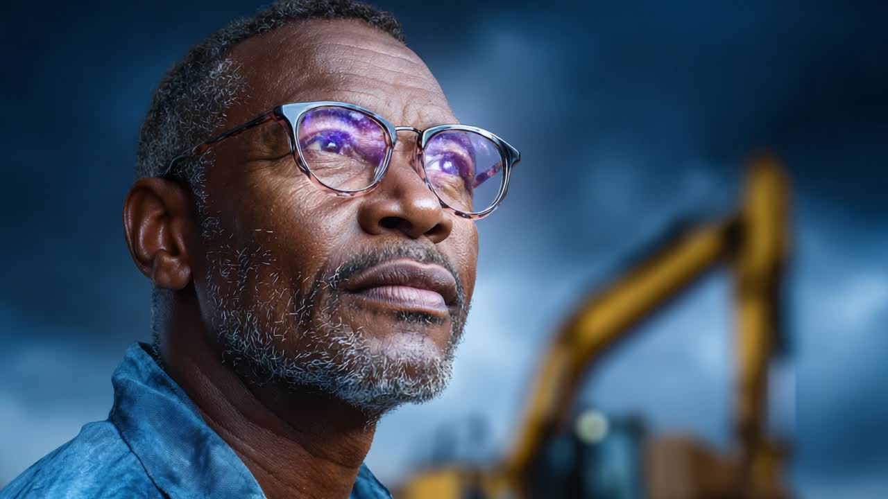 A contemplative man with glasses stands resiliently against a dramatic industrial backdrop, embodying strength and determination amidst a stormy sky accentuated by construction machinery, reflecting a future of perseverance