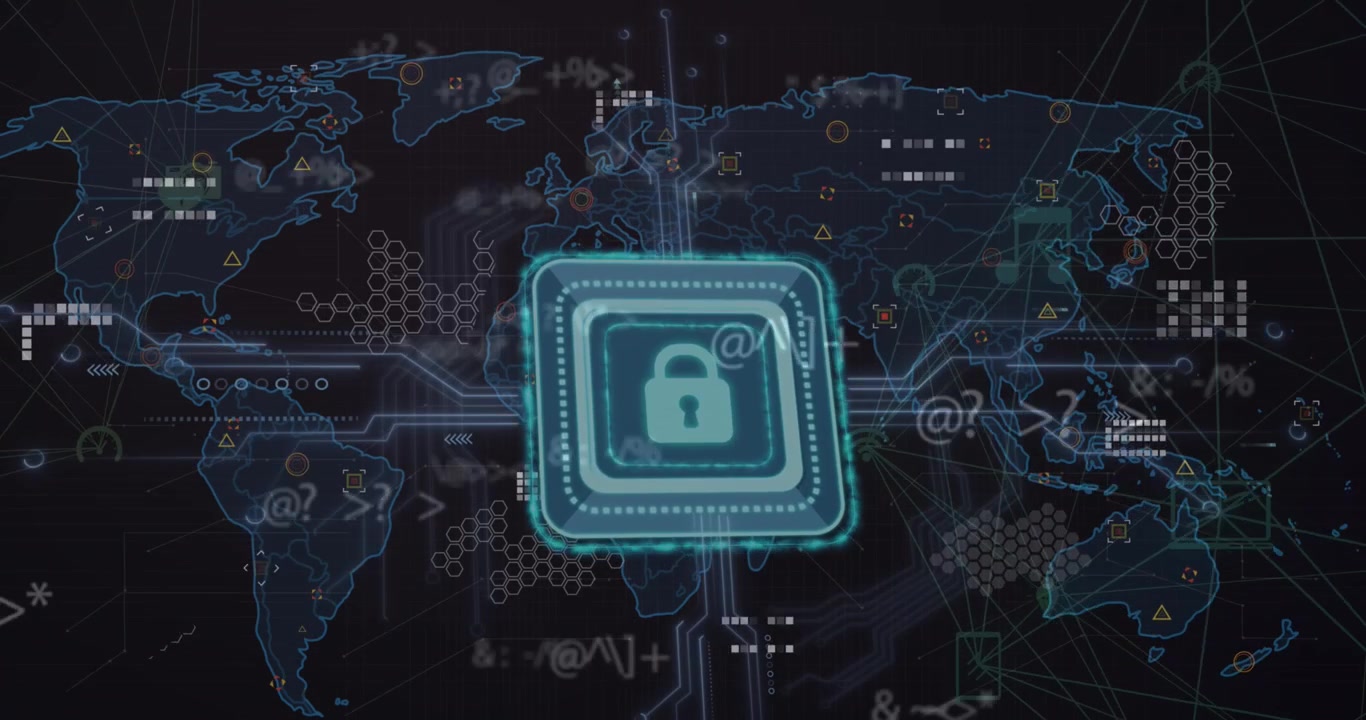 Animation of network of connections over padlock and world map