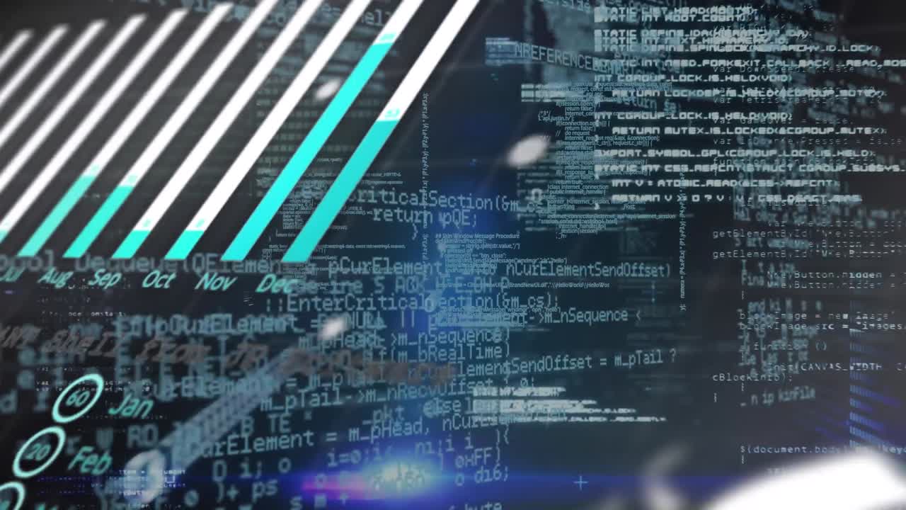 검은색 배경에 데이터 처리를 통해 금융 그래프의 애니메이션