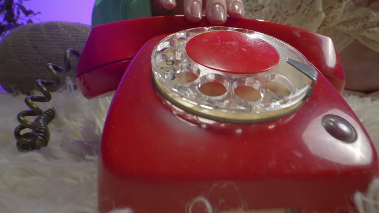 Macro view of a red rotary phone resting on a fluffy rug. A woman’s hand touches the receiver, evoking a nostalgic retro ambiance and the tactile simplicity of analog communication