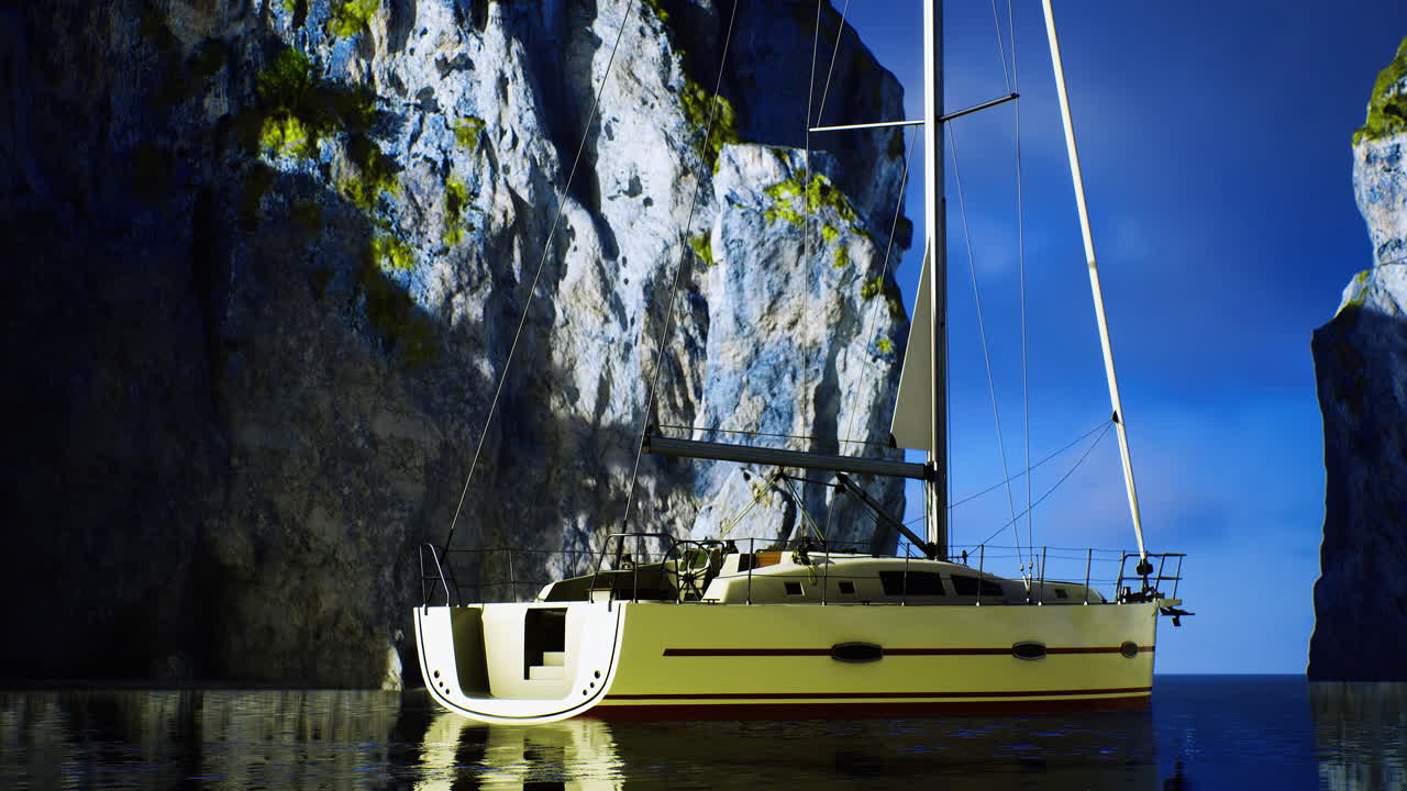 Sailing boat anchored near rocky cliffs under a night sky