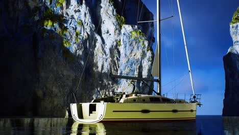 sailing boat anchored near rocky cliffs under a night sky