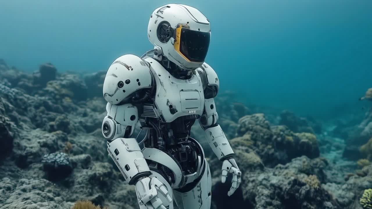 Robot underwater near a coral reef