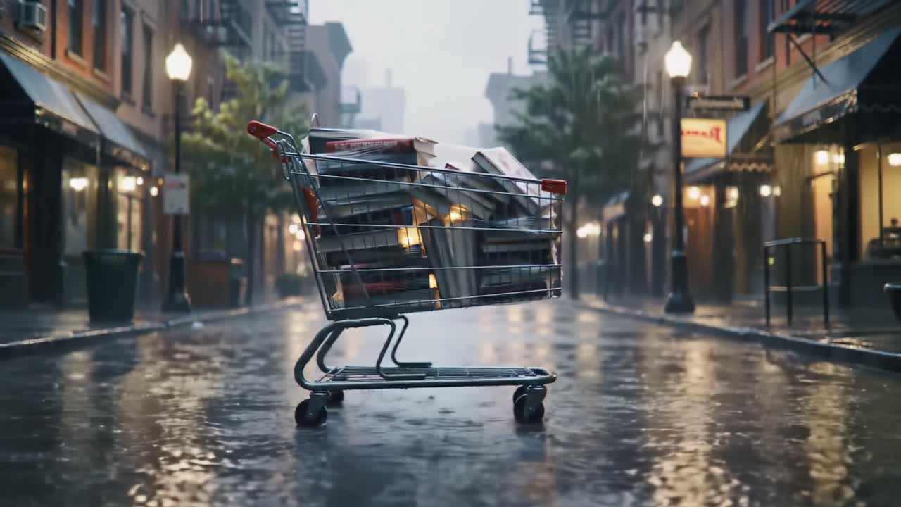 A Still Moment: A Shopping Cart Filled with Books Standing in a Rain-soaked Urban Street, Surrounded by Quiet Buildings and Reflections in Puddles