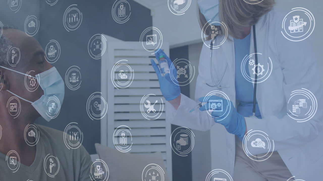 Administering vaccine, healthcare professional surrounded by animated medical icons