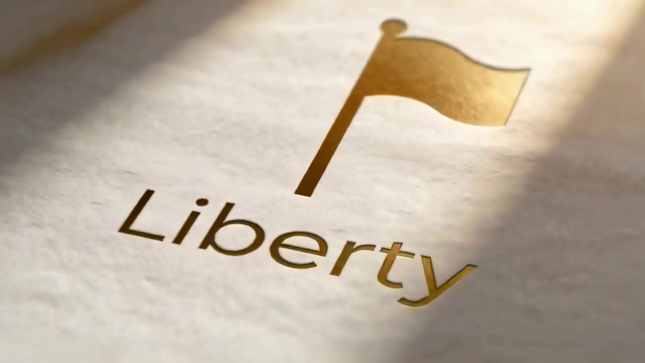 Showing gold foil flag above Liberty on textured paper catching moving light and accenting relief