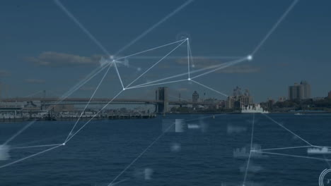 animation of network of connections with data processing over cityscape