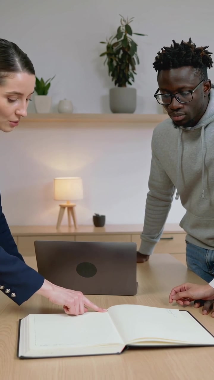 Video verticale: Donna in blazer che indica, mentre esamina un quaderno con un collega in un angolo di lavoro con un laptop.