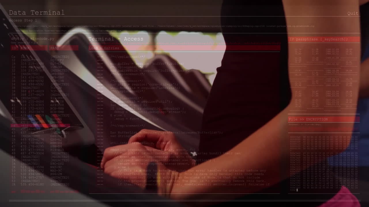 Hands typing on keyboard with data terminal access overlay animation