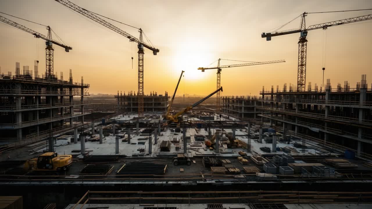 Large Construction Site with Multiple Cranes at Sunset