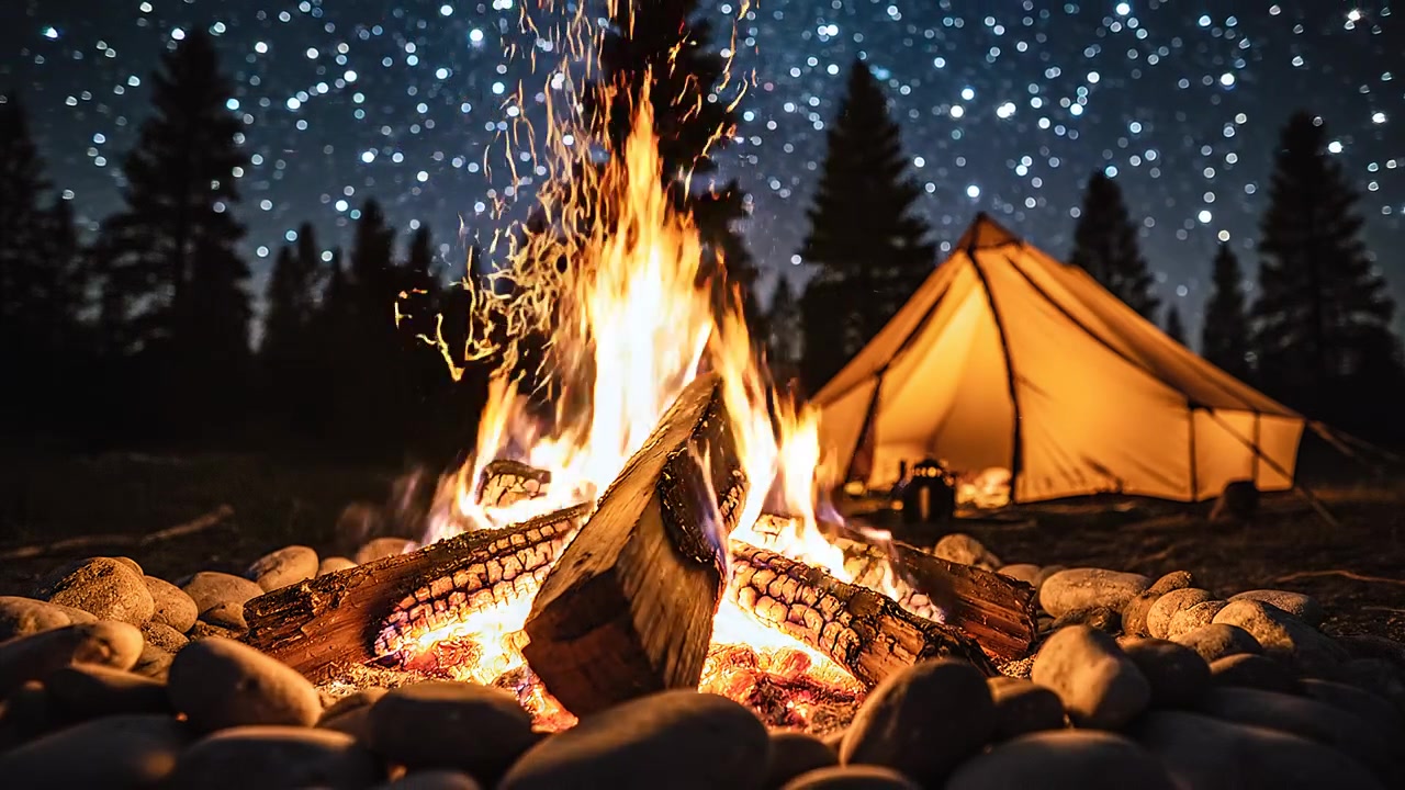Falò che brucia vicino a una tenda luminosa sotto un cielo notturno stellato