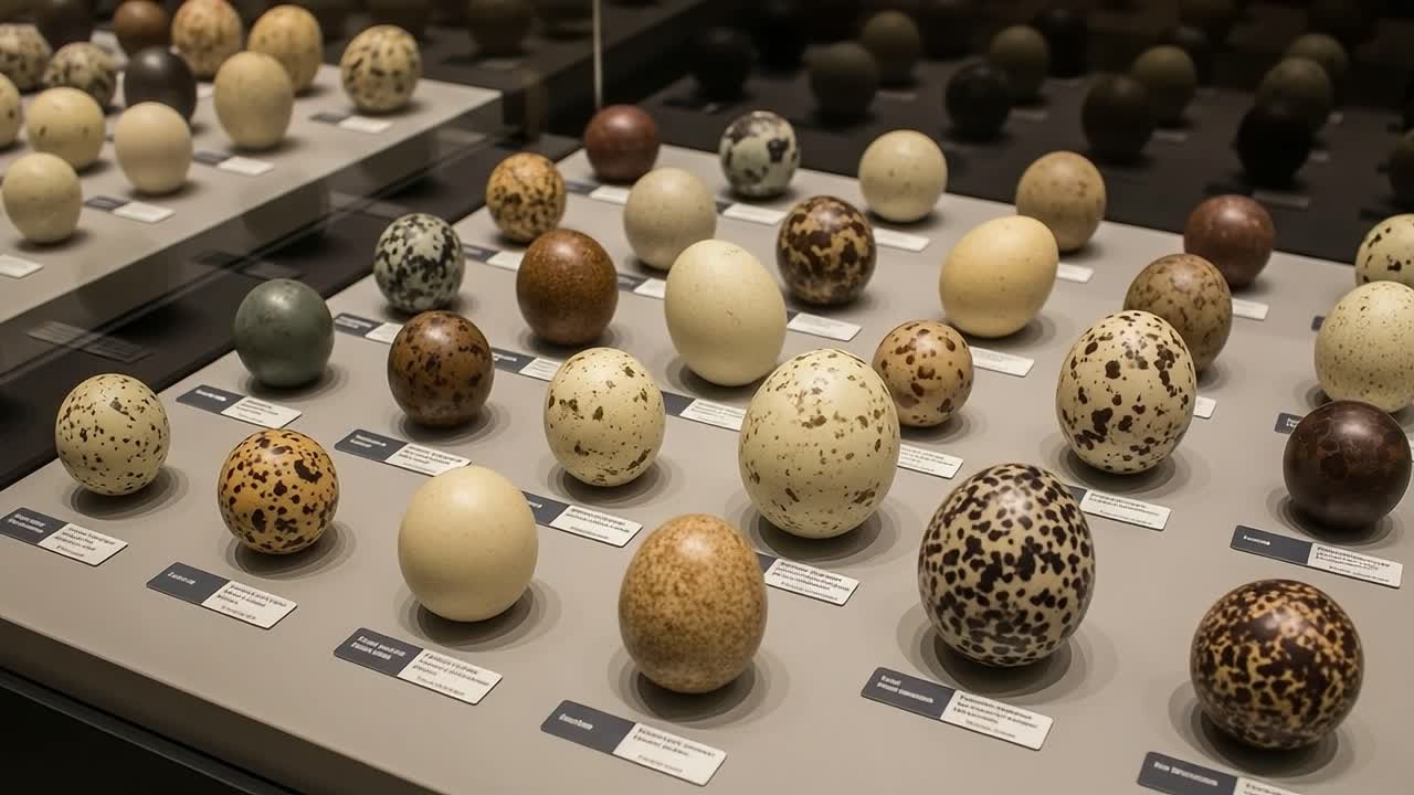 A Diverse Collection of Ornate Egg Specimens Displayed in an Exhibition, Showcasing Various Patterns, Textures, and Sizes from Different Bird Species