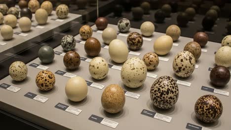 a diverse collection of ornate egg specimens displayed in an exhibition, showcasing various patterns, textures, and sizes from different bird species