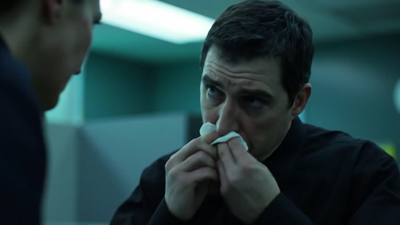 Tension fills the air as two characters engage in a gripping conversation in a dimly lit interrogation space. Emotions run high as secrets begin to surface, revealing underlying motives.