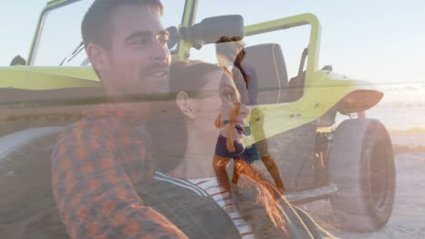 walking on beach, couple with dune buggy and animation of sunset scene