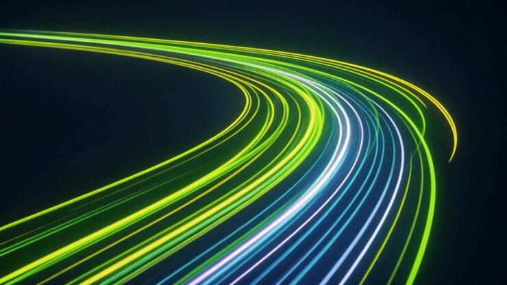 Scie luminose dinamiche in fibra ottica che scorrono su sfondo scuro