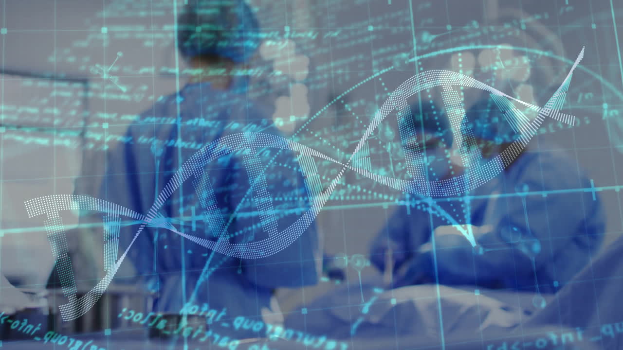 Animation of data processing and dna strand over diverse surgeons during operation