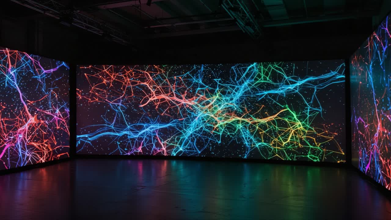 A Stunning Display of Colorful Digital Art Featuring Interconnected Networks in a High-Tech Space with Vibrant Neon Lights and Abstract Patterns