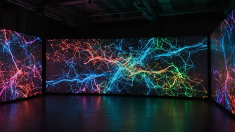 a stunning display of colorful digital art featuring interconnected networks in a high-tech space with vibrant neon lights and abstract patterns