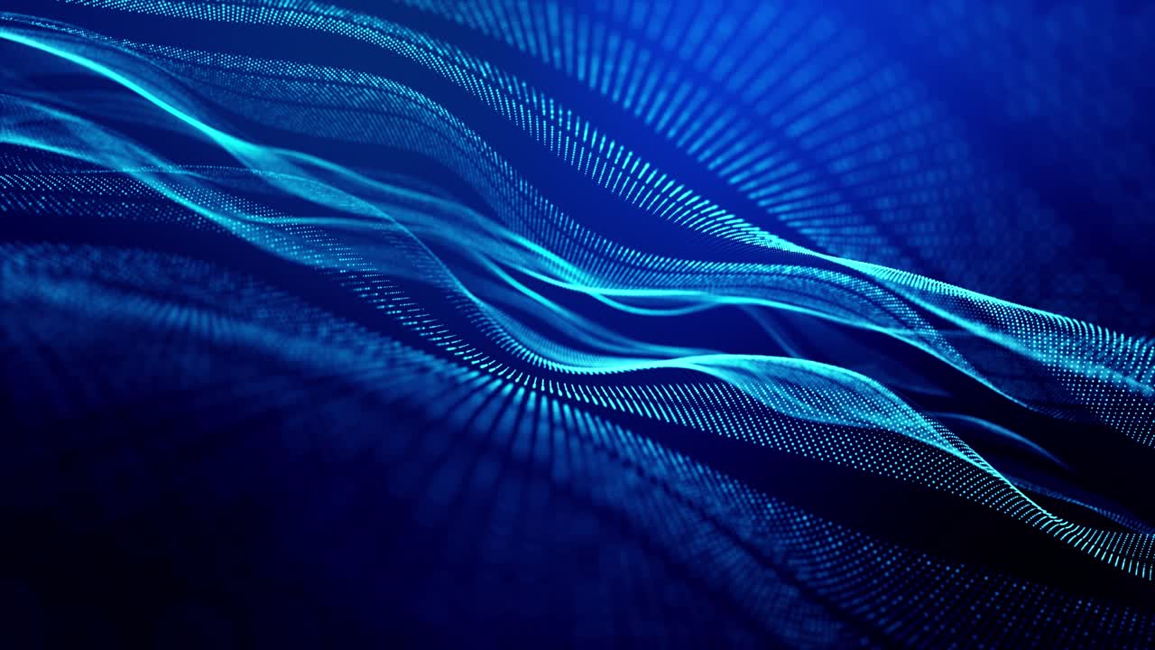 4k looped abstract background of glow particles form lines, surfaces as futuristic landscape in cyberspace or hologram. Sci-fi theme of microworld, nanotechnology or cosmic space. Blue stripes 19
