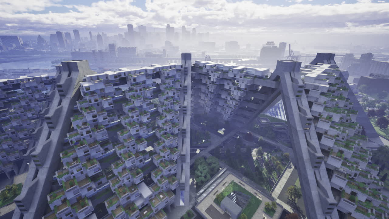 Modern architectural design showcasing urban living in a futuristic cityscape