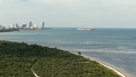 cruise ship and the city of miami aerial view