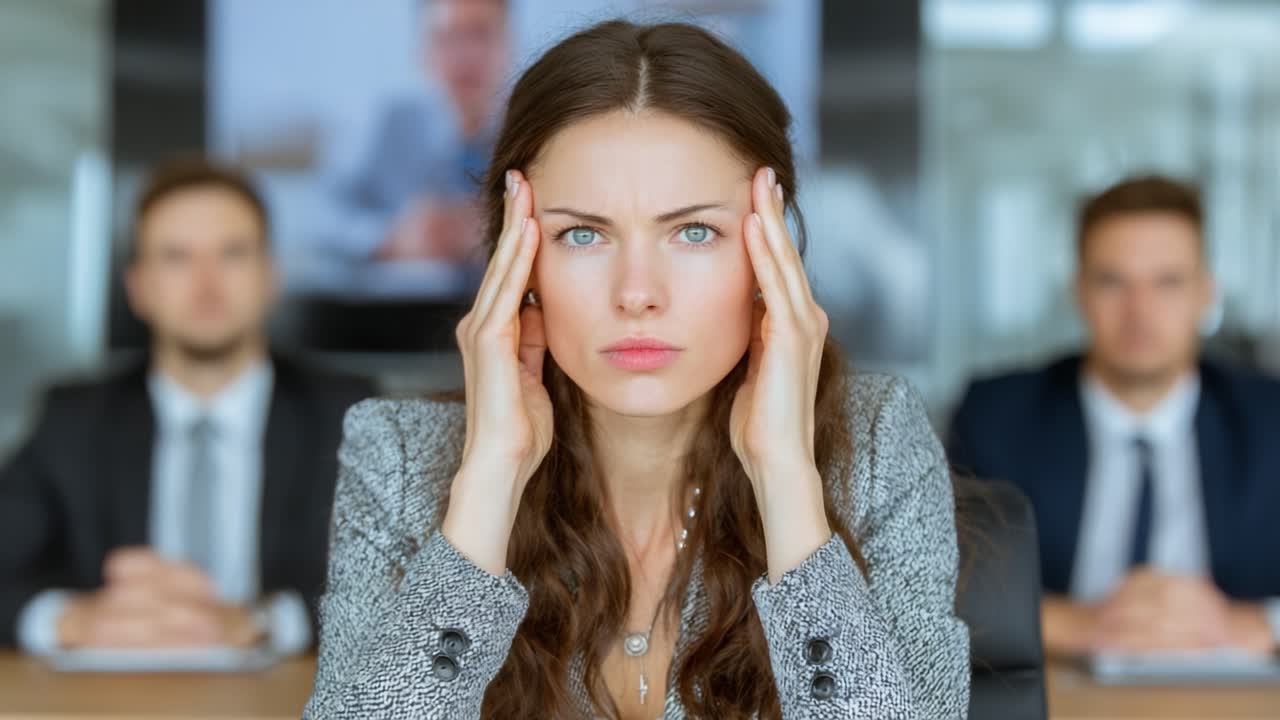 A Professional Woman in a Corporate Meeting Shows Signs of Stress and Concern as She Listens to Colleagues, Struggling to Stay Focused and Composed Under Pressure