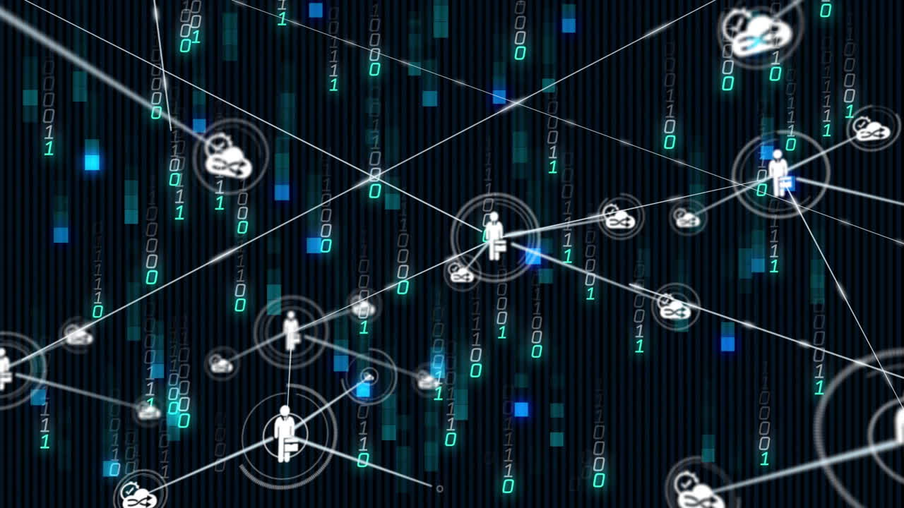 Animation of binary code and human icons representing network connections in school