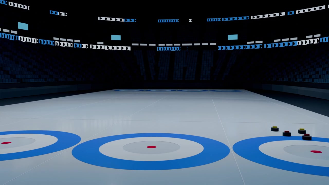 Moving camera revealing curling rink at arena, highlighting houses, stone cluster, and reflections