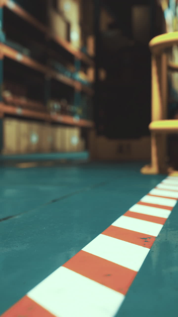 Warehouse interior with colorful flooring and stored items visible on shelves