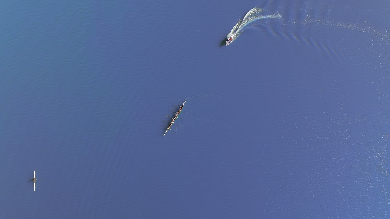 Aerial View Of A Rowing Team Followed By A Speedboat At Lexington Reservoir Near Los Gatos In California
