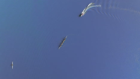 aerial view of a rowing team followed by a speedboat at lexington reservoir near los gatos in california