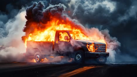 a truck is engulfed by flames on the side of the road