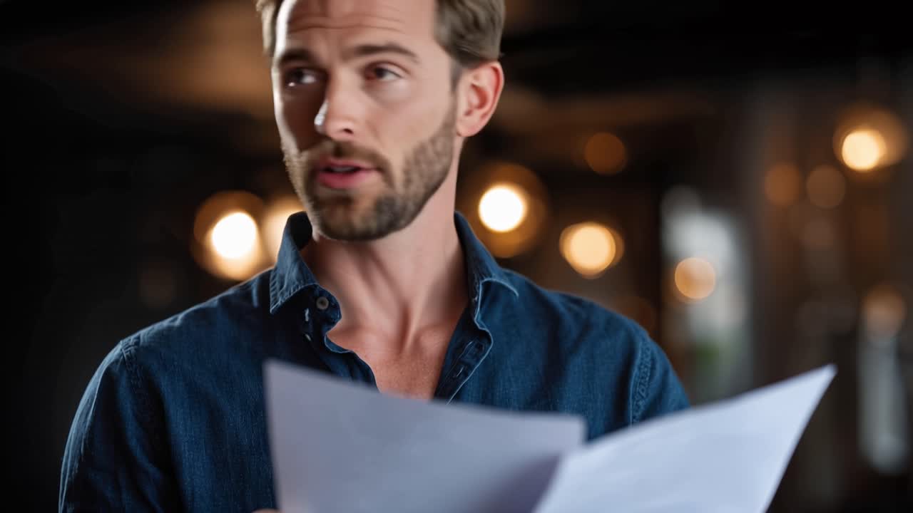 Man reads documents with focused attention. Warm lights glow softly behind him. His expression suggests deep concentration. He wears a dark blue shirt with collar up. Ideal for business, education