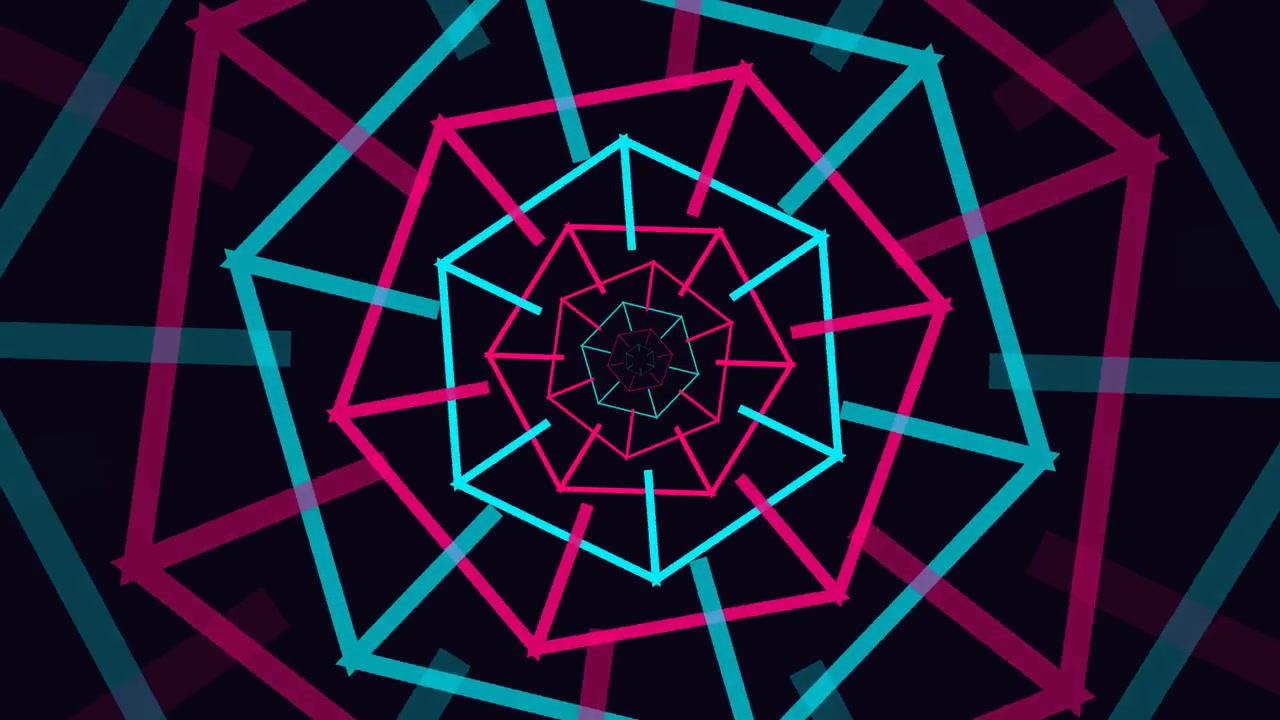 Tunnel astratto di forme geometriche al neon rotanti