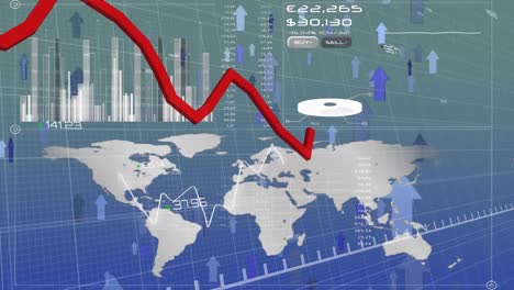 animation of financial data processing over arrows on blue background