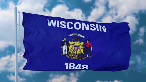 wisconsin flag on a flagpole waving in the wind, blue sky background