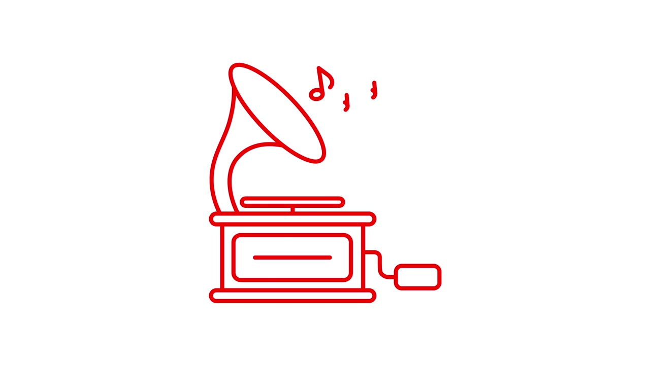 Animazione artistica a linea rossa di un grammofono classico con note musicali.