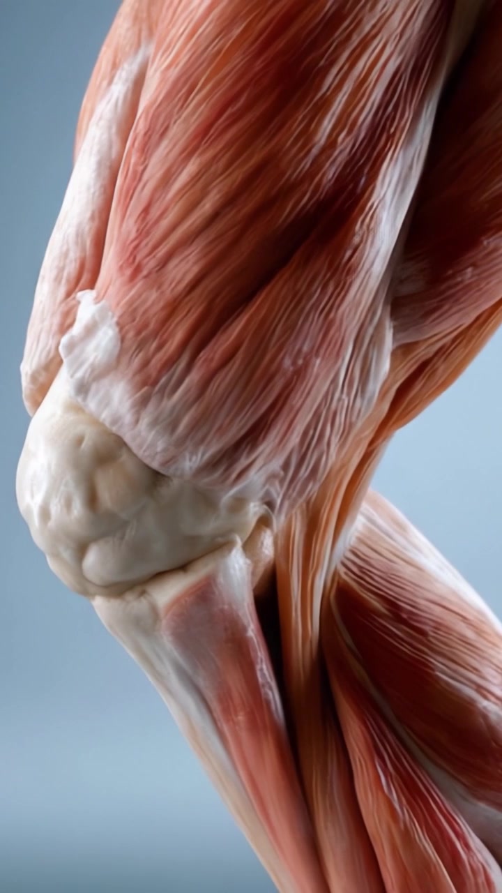 Primo piano dettagliato dell'anatomia muscolare umana che evidenzia l'articolazione del ginocchio, mostrando le striature muscolari e il tessuto connettivo a scopo educativo.