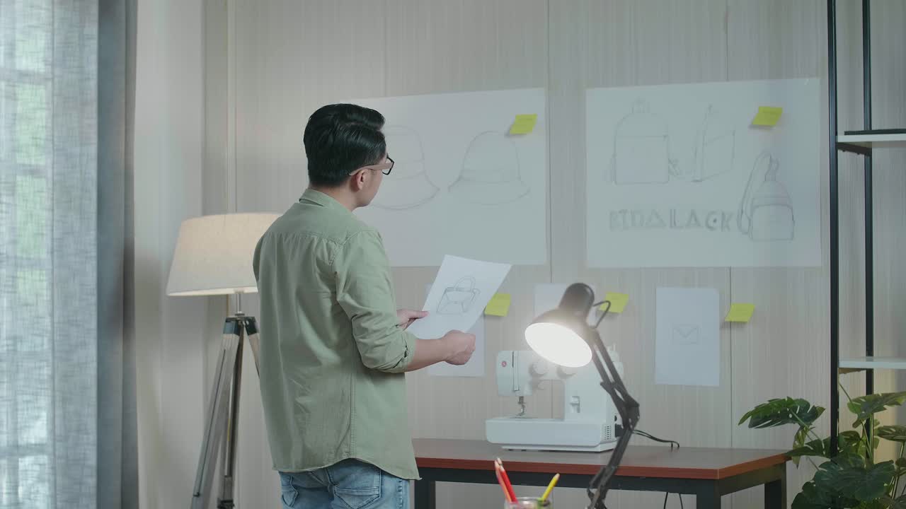 아시아 남자 디자이너의 뒷면: 손에 든 가방 디자인 스케치 종이와 벽에 붙은 종이를 비교합니다.
