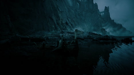 mysterious shoreline with ruins and a boat at twilight in a foggy setting
