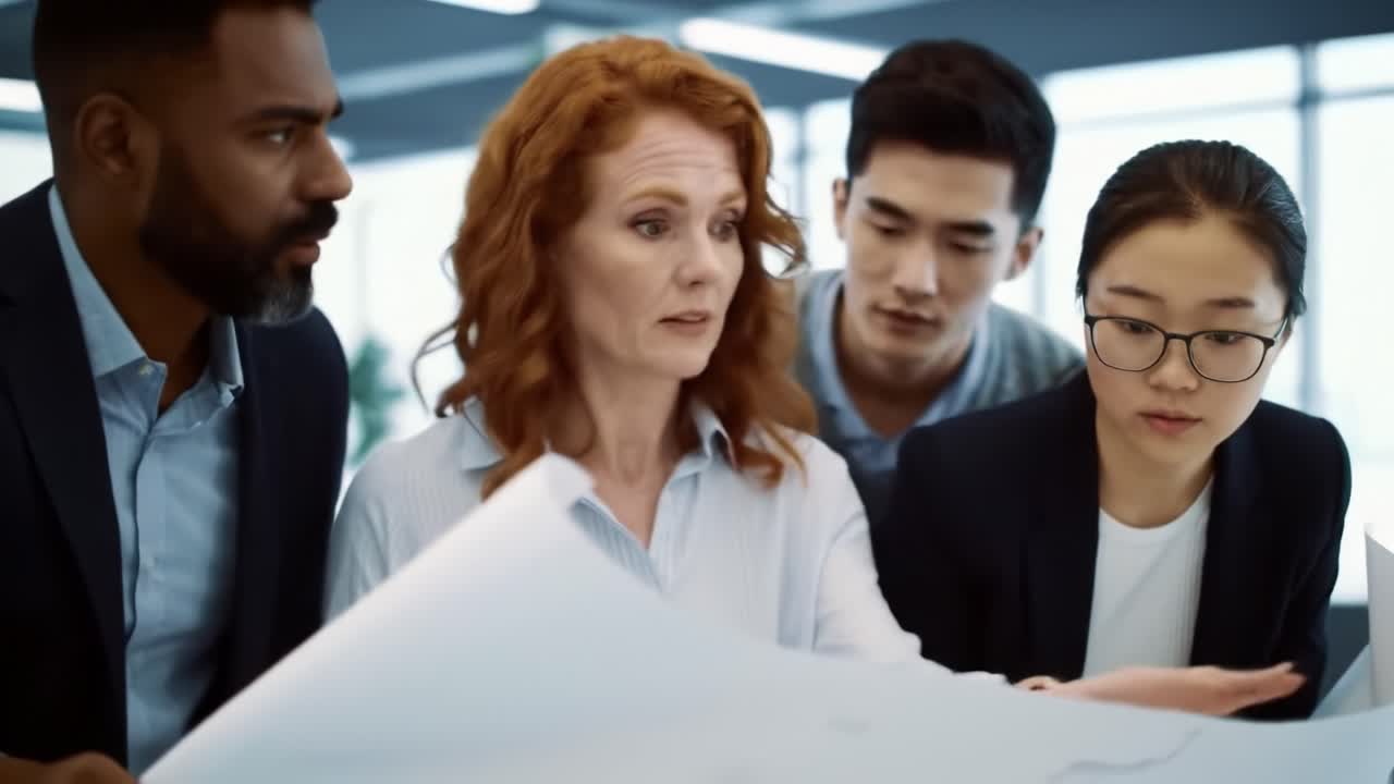 A Diverse Team Engaged in Collaborative Planning and Problem Solving Through Detailed Blueprints in a Modern Office Environment