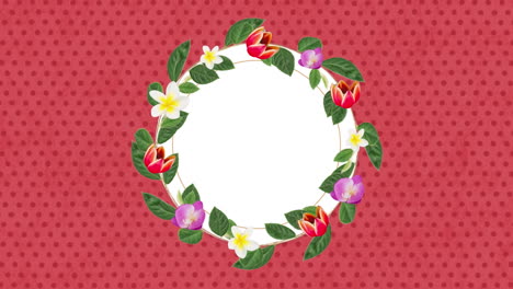 animación de una tarjeta redonda en blanco decorada con flores de colores sobre fondo rosa