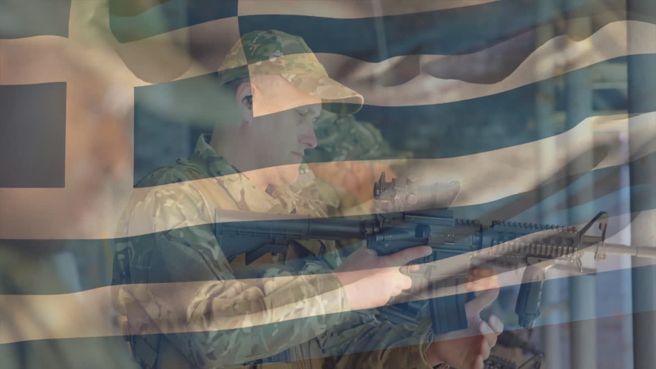 Holding rifle, soldier in camouflage standing with Greek flag in background