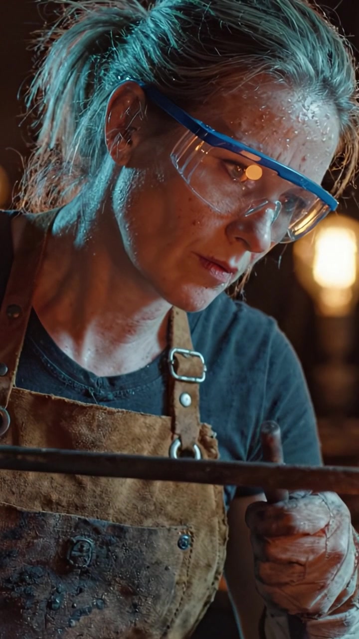 Focused Artisan Crafting a Metal Tool with Precision in a Dimly Lit Workshop, Showcasing Skill and Attention to Detail in Metalworking Process