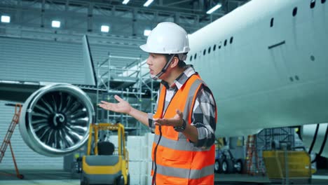 vista lateral de un ingeniero masculino asiático con casco de seguridad de pie con aviones en el hangar. preguntándose y diciendo por qué trabajar con duda mientras el mantenimiento de aviones
