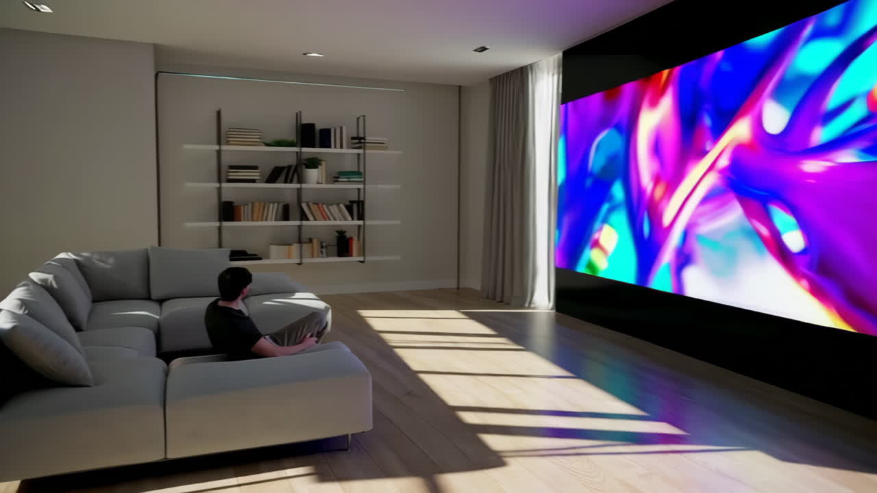 Person Relaxing on Sofa Watching Abstract Art on a Large Home Cinema Screen