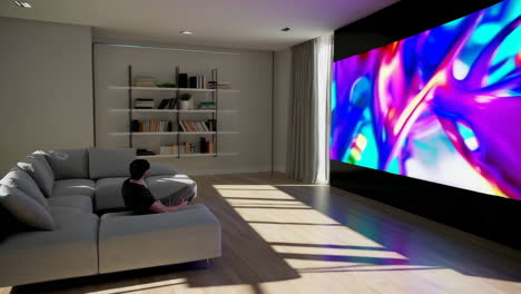 person relaxing on sofa watching abstract art on a large home cinema screen