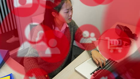 animation of asian woman working over moving red icons